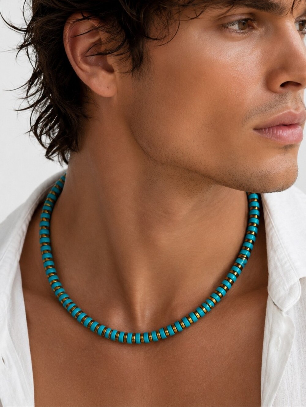 Designer Men's Jewelry Necklace Surf Choker Natural Blue Turquoise Hematite